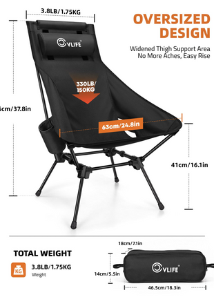 OVERSIZED DESIGN - CVLIFE High Back Folding Camping Chair with Stable Design