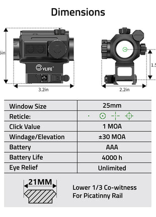 Dimensions - CVLIFE JackalHowl 1X25mm Auto-Brightness Green Dot Sight