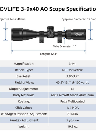 CVLIFE JackalHowl 3-9x40 Rifle Scope with 20mm Rings specification