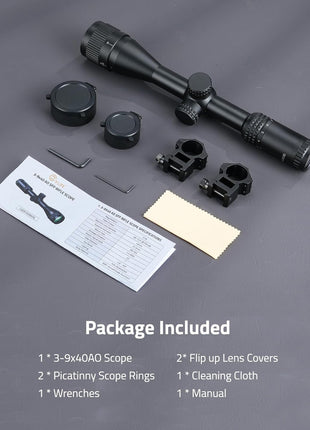 Items included in the CVLIFE JackalHowl F02 3-9x40 AO Scope package