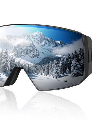 CVLIFE Magnetic Ski Goggles Over Glasses - Black Frame Silver Lens