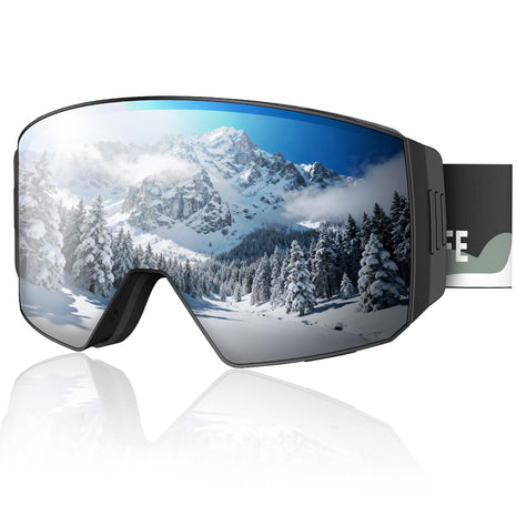 CVLIFE Magnetic Ski Goggles Over Glasses - Black Frame Silver Lens
