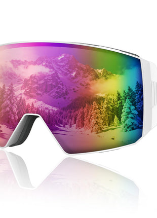 CVLIFE Magnetic Ski Goggles Over Glasses - White Frame Revo Pink Lens