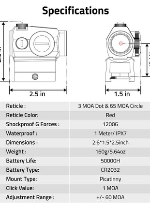 Specifiations of CVLIFE Motion Awake Red Dot Sight