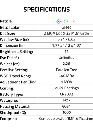 CVLIFE Multiple Reticle Green Dot Sight Specifications