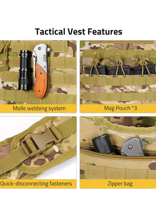 Chaleco táctico CVLIFE con sistema de correas Molle con bolsa con cremallera