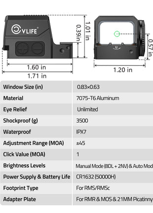 Size - CVLIFE WildHawk Enclosed Auto-Brightness Green Dot Sight