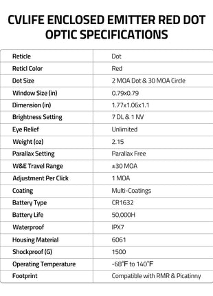 CVLIFE WildHawk Solar Enclosed Red Dot Sight Specifications