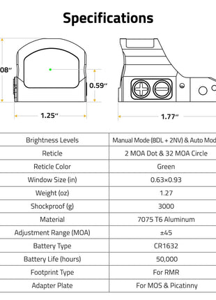 specifications - CVLIFE WildHawk X Solar Auto Brightness Green Dot Sight