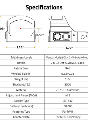 Specifications - CVLIFE WildHawk X Solar Auto Brightness Red Dot Sight