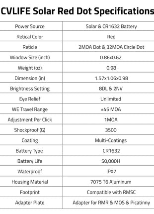 specifications - CVLIFE WildHawk X Z03 Solar Red Dot for RMS/RMSC