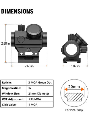 Dimensions - CVLIFE WolfCloak 3 MOA Rechargeable Red/Green Dot Sight