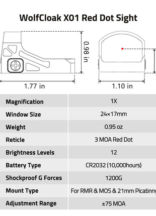 Specification - CVLIFE WolfCloak X01 Motion Awake Red Dot Sight
