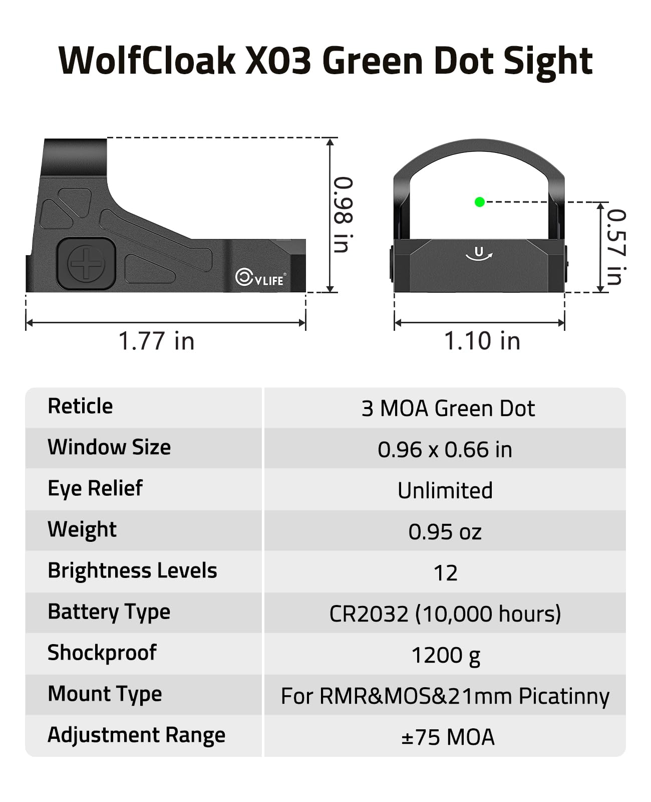 CVLIFE WolfCloak X03 Motion Awake Green Dot Sight for RMR