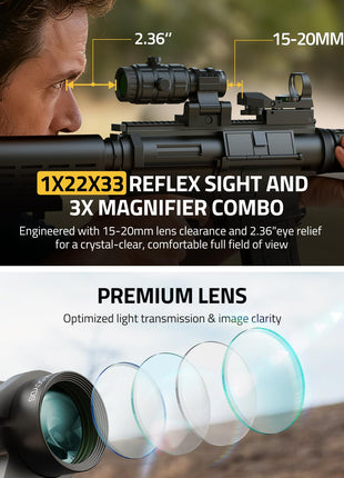 CVLIFE WolfCovert 1X22X33 Red Green Dot Sight and 3X Magnifier Combo