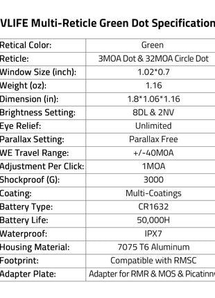 Specifications - CVLIFE WolfCovert Red/Green Dot Compatible with RMS/RMSC