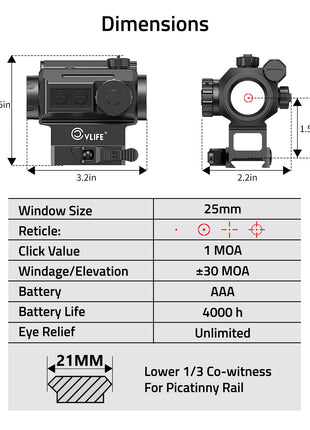 Dimensions - CVLIFE WolfProwl 1X25mm Auto-Brightness Red Dot Sight