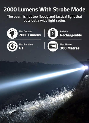 2000 Lumens Tactical Flashlight with Strobe Mode