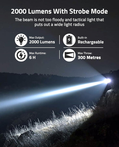 2000 Lumens Tactical Flashlight with Strobe Mode