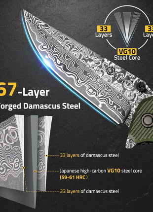 CVLIFE 3 26 VG10 Damascus Folding Pocket Knife featuring layer forged damascus steel in green