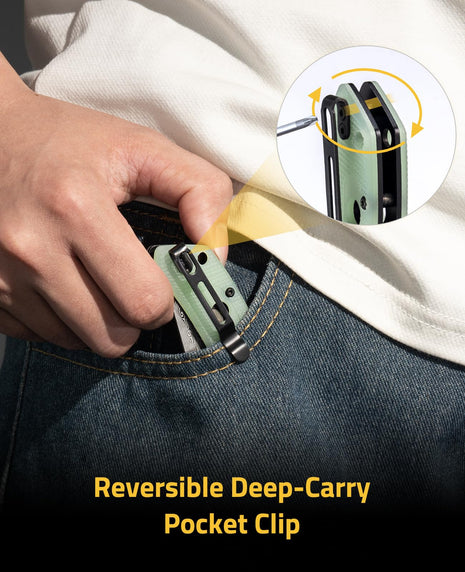 CVLIFE 3 26 VG10 Damascus Folding Pocket Knife featuring reversible deep-carry pocket clip in natural