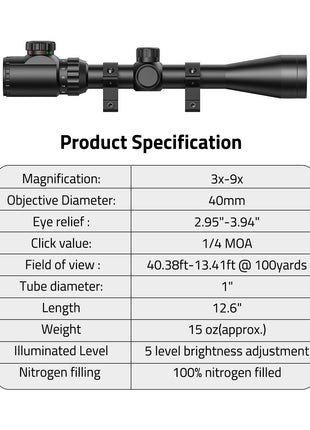 3-9x40 Rifle Scope Specifications