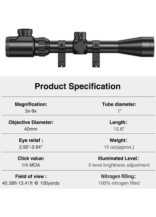 CVLIFE 3-9x40 Rifle Scope Specifications
