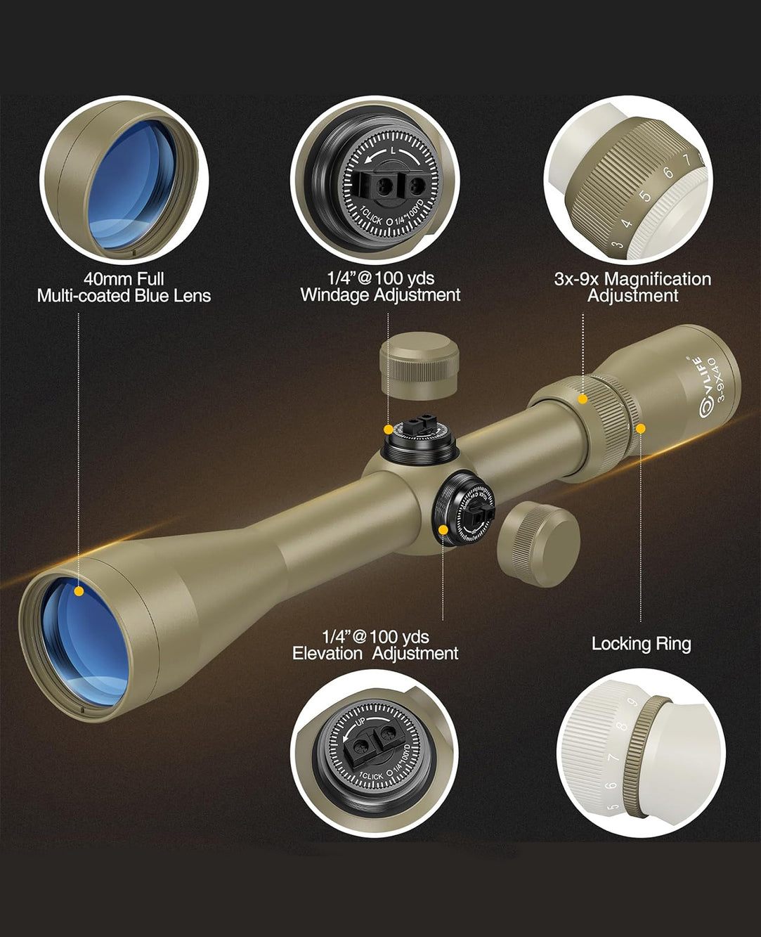 CVLIFE FoxSpook 3-9x40 Riflescope R4 Reticle Crosshair Optics Scope wi