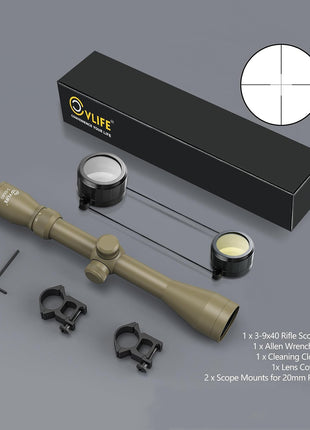 The packing list details of 3-9x40 rifle scope with lens cover