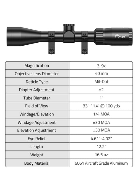 3-9x40 Rifle Scope Specifications