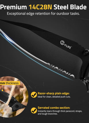 CVLIFE 3mm-thick 14C28N featuring instantly tears through thick paracord, straps and tough branches in black