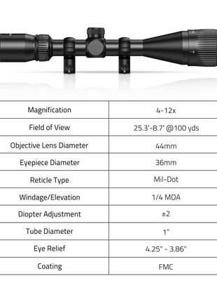 4-12x44 AO Rifle Scope Specification
