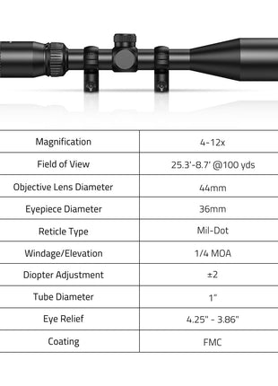 4-12x44 Rifle Scope Specifications