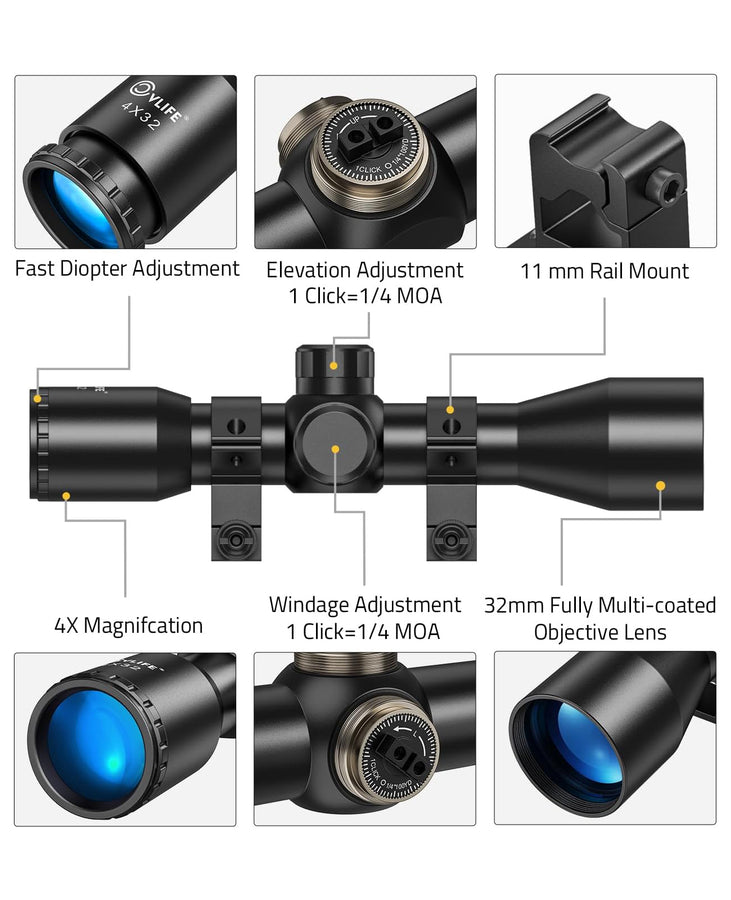 CVLIFE FoxSpook 4x32 Compact Rifle Scope Crosshair Optics Hunting Scop