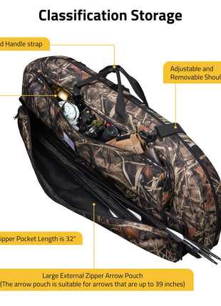 CVLIFE Compound Bow Case featuring large external zipper arrow pouch in camo
