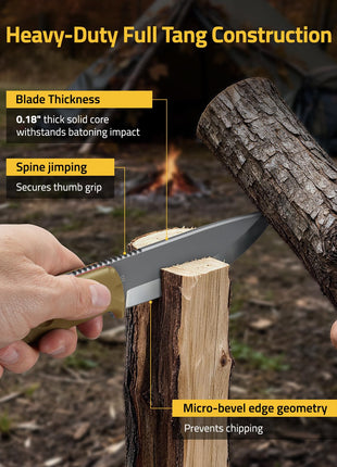 CVLIFE Blade Bushcraft Knife featuring withstands batoning impact spine jimping