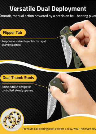 CVLIFE carry knife featuring smooth, manual action powered by a precision ball-bearing pivot in green