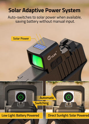 CVLIFE Multi Reticle Red Dot Sight RMSC featuring solar adaptive power system in green dot
