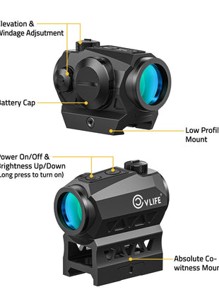 CVLIFE Red Dot Sight featuring battery cap low profile mount in green dot