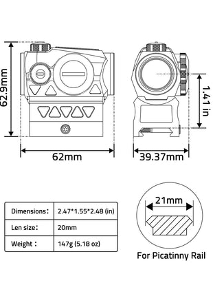 CVLIFE Green Dot Sight featuring len size weight, 62.9mm x 1.41 in x 62mm