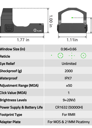 CVLIFE red dot sight featuring reticle eye relief unlimited in green dot
