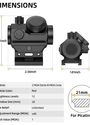 CVLIFE Dot Sight Multi-Reticle featuring brightness levels window size (mm), 2.01inch x 2.56inch x 1.81inch