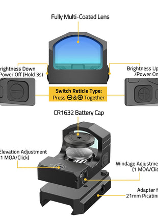 CVLIFE red dot sight featuring switch reticle type press &together in green dot
