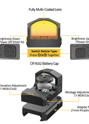 CVLIFE red dot sight featuring switch reticle type press &together