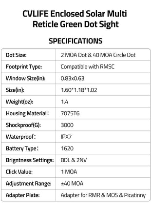 CVLIFE Red Dot Sight featuring reticle green dot sight specifications dot size