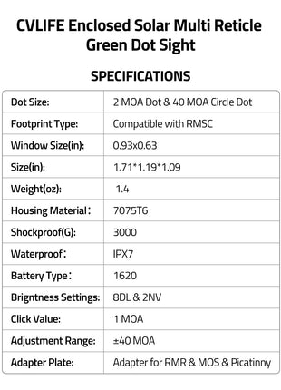 CVLIFE Dot Sight RMSC featuring size(in) weight(oz) housing material in green dot