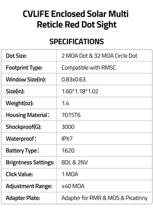 CVLIFE Multi Reticle Red Dot Sight RMSC featuring reticle red dot sight specifications dot size
