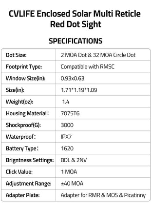 CVLIFE Dot Sight RMSC featuring size(in) weight(oz) housing material in red dot