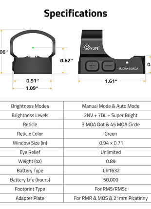 CVLIFE Green Dot Sight featuring reticle color green window size (in), 21mm