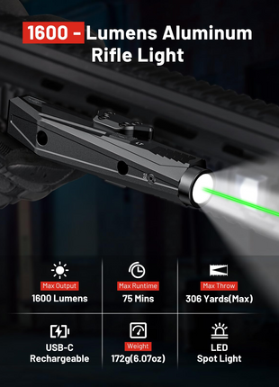 CVLIFE Rifle WeaponLight Laser Light Combo USB Rechargeable featuring rifle light maxoutput maxruntime in green laser light